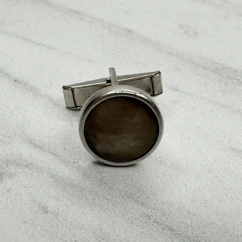 Vintage Single Cufflink Round Silver Tone Abalone Shell Toggle Back Pat Pend ✨